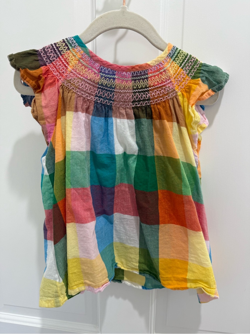 Mini Boden Rainbow Check Flutter Sleeve Top - Multicolor Plaid
